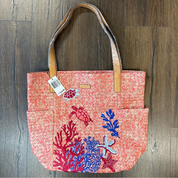 🆕 North South Straw Beach Tote in Scarlet Coral - Picture 1 of 5